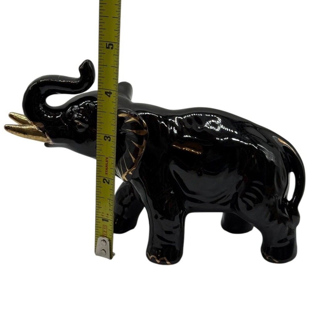 Black Elephant Figurine Gold Accents Ceramic Animal Statue Home Decor - Picture 6 of 9